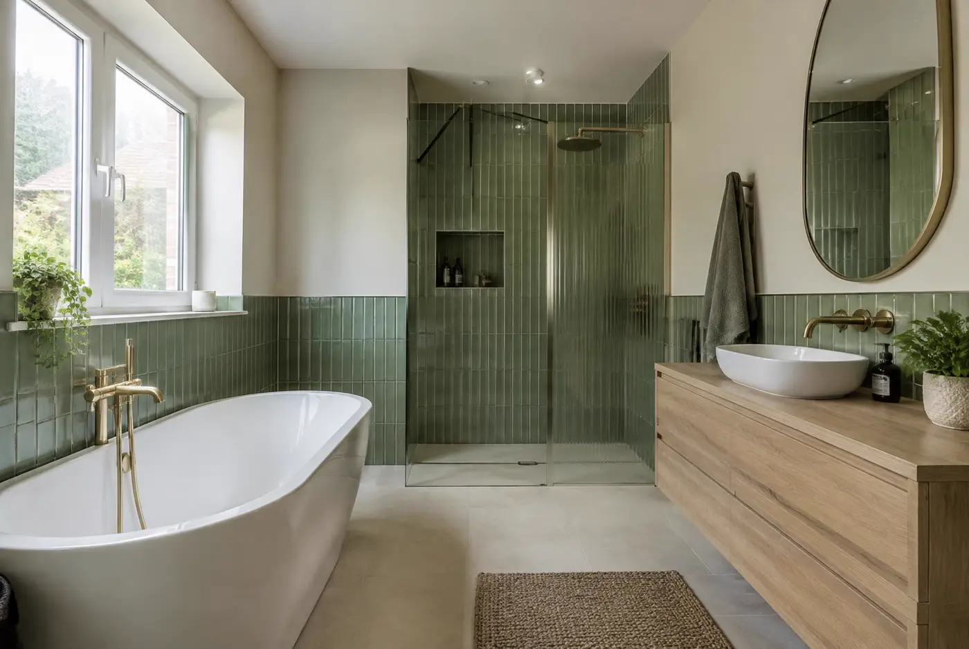 Recently fitted Frodsham bathroom with freestanding bath, sage green tiles and walk-in shower