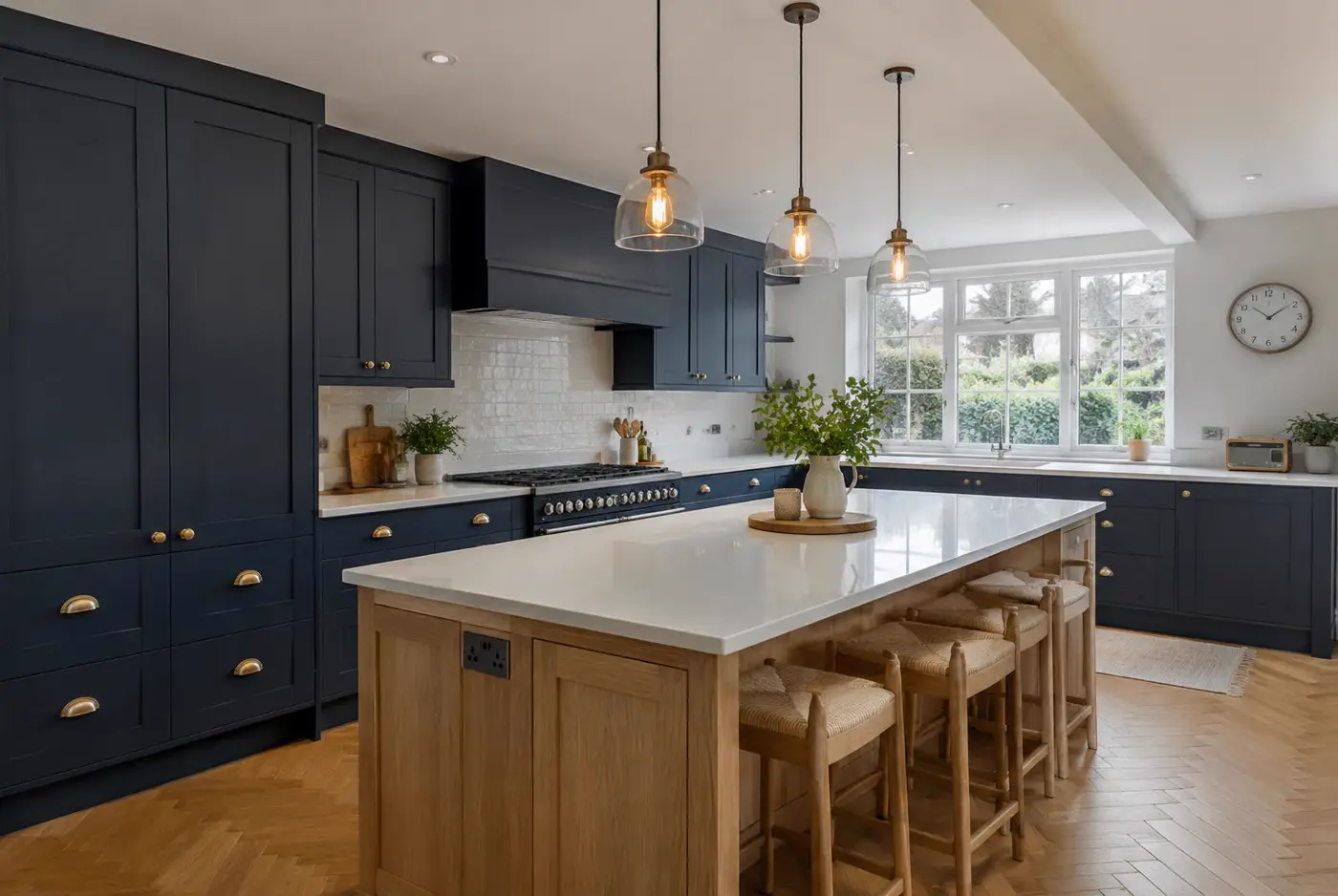 New navy shaker kitchen in Helsby with white quartz worktops and an oak island with rush stools