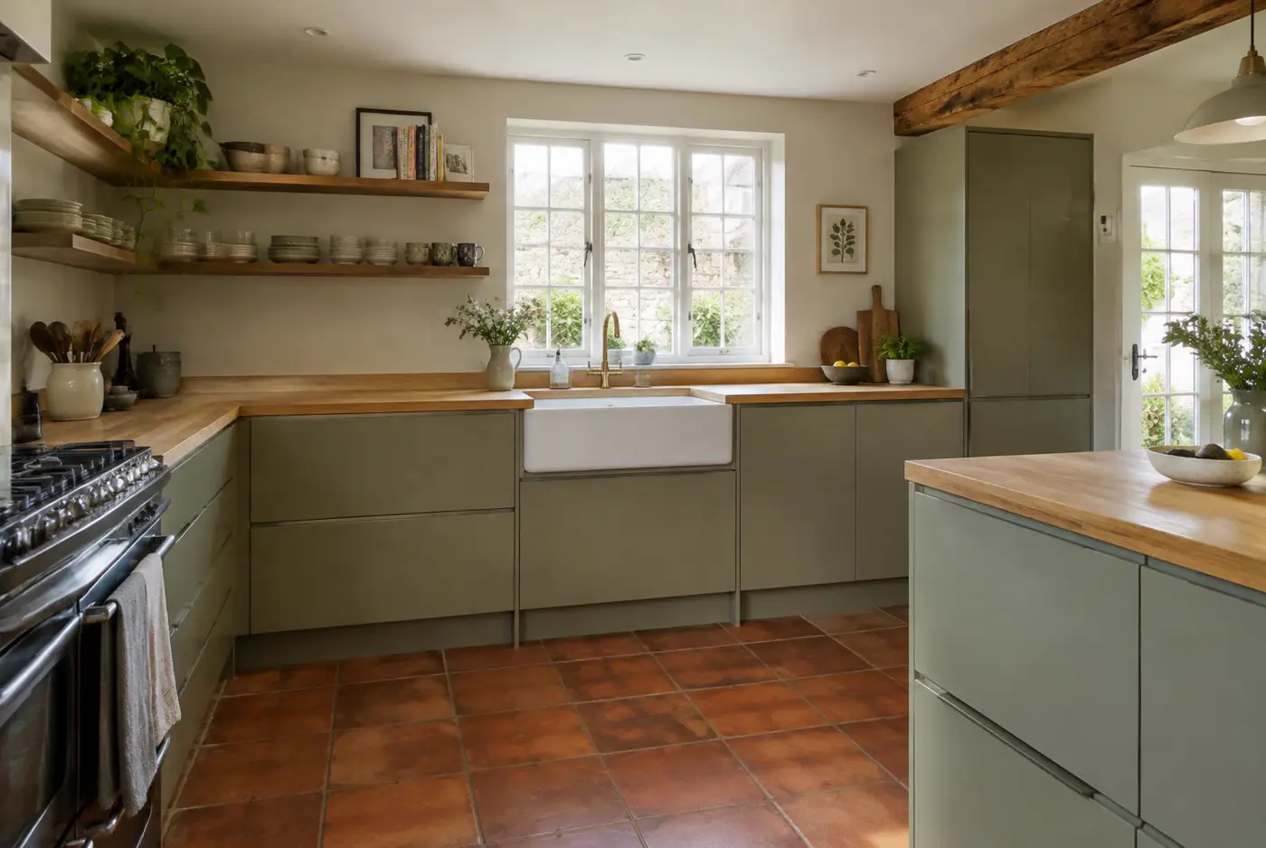 Northwich cottage kitchen with sage handleless units, oak worktops and a white butler sink